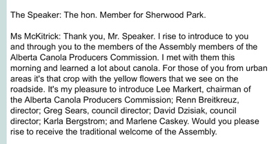 Alberta Legislature greets canola